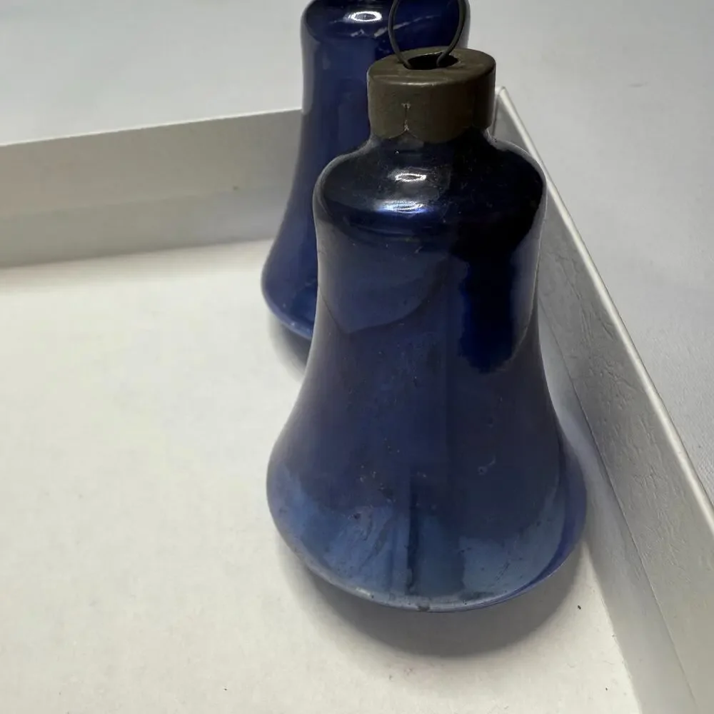 VTG Lot of 2 Mercury Glass Bell Ornaments Blue Made in US of A Silvered Pre War